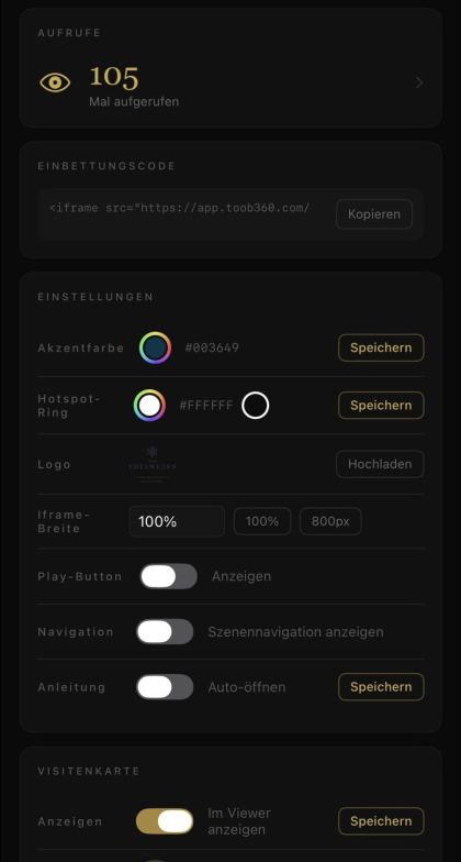 Kundenportal von TOOB360 am Handy: Aufrufzähler, Einbettungscode und die Einstellungen für Akzentfarbe, Logo und Bedienelemente
